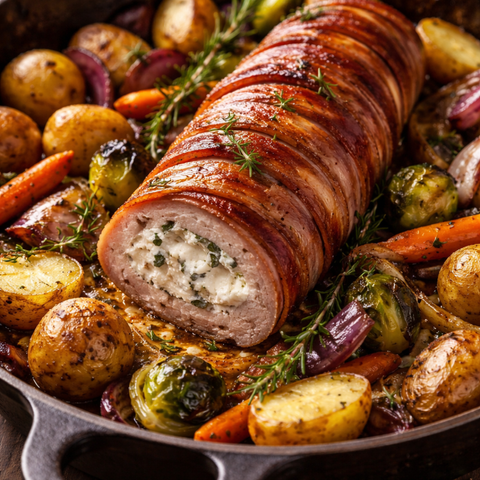 13 février - Filet de porc farcis (fromage de chèvre, pruneaux, bacon) avec patates rôties et légumes grillés